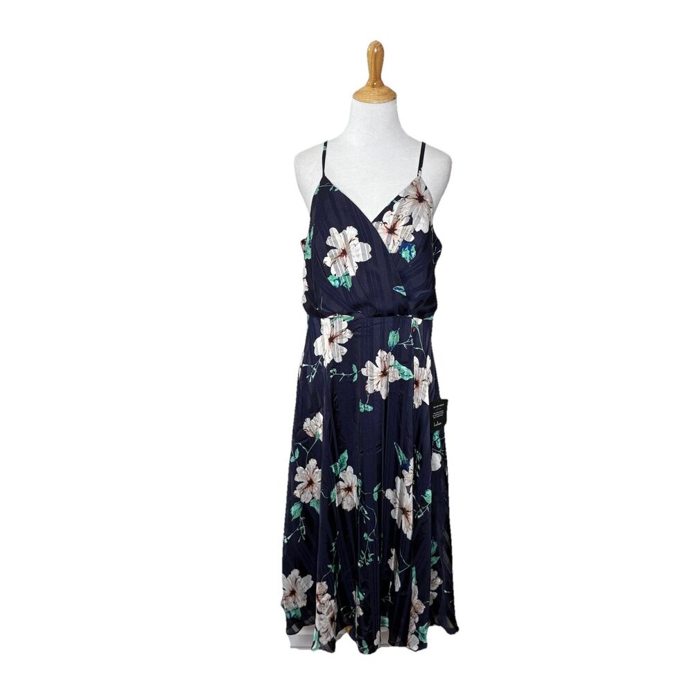 Lulus All About Love Navy Blue White Floral Print Textured Midi Dress Size XL